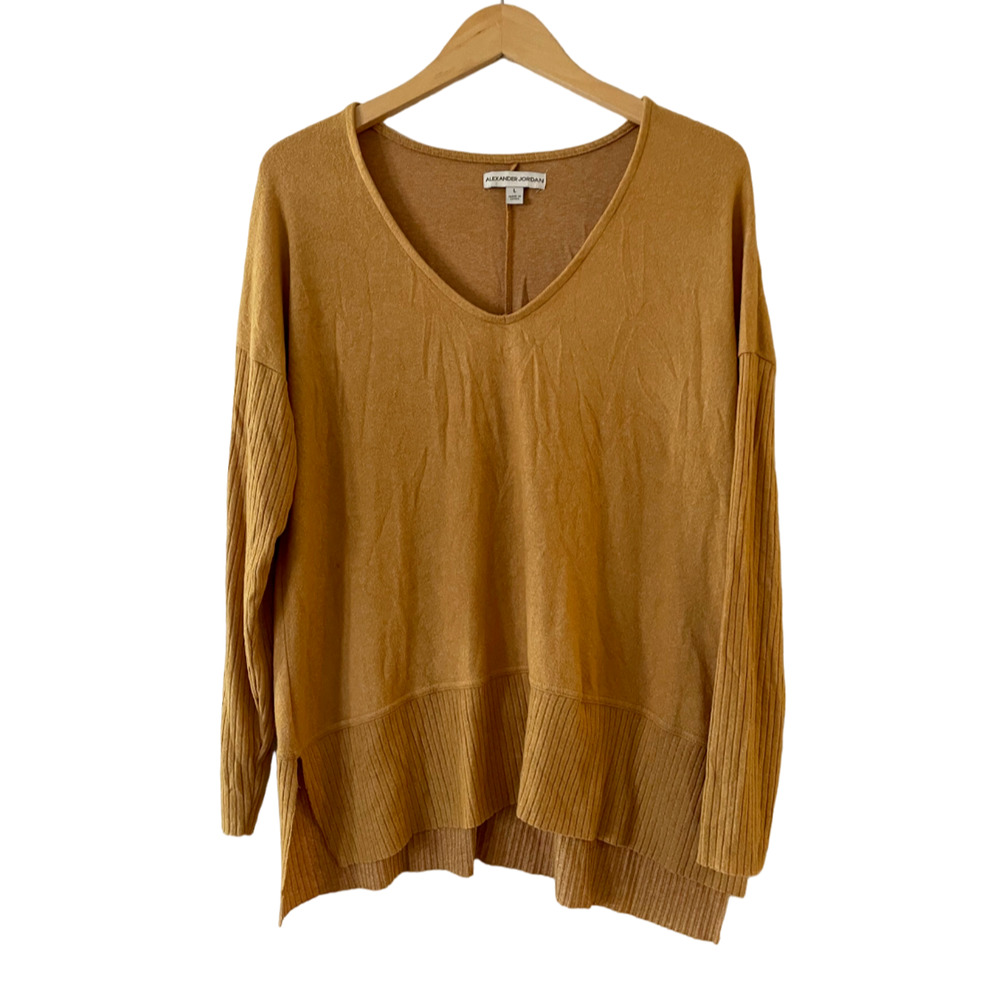 Alexander Jordan V-Neck Sweater Large Dolman Ribbed Sleeve Brown Hi-Low Pullover